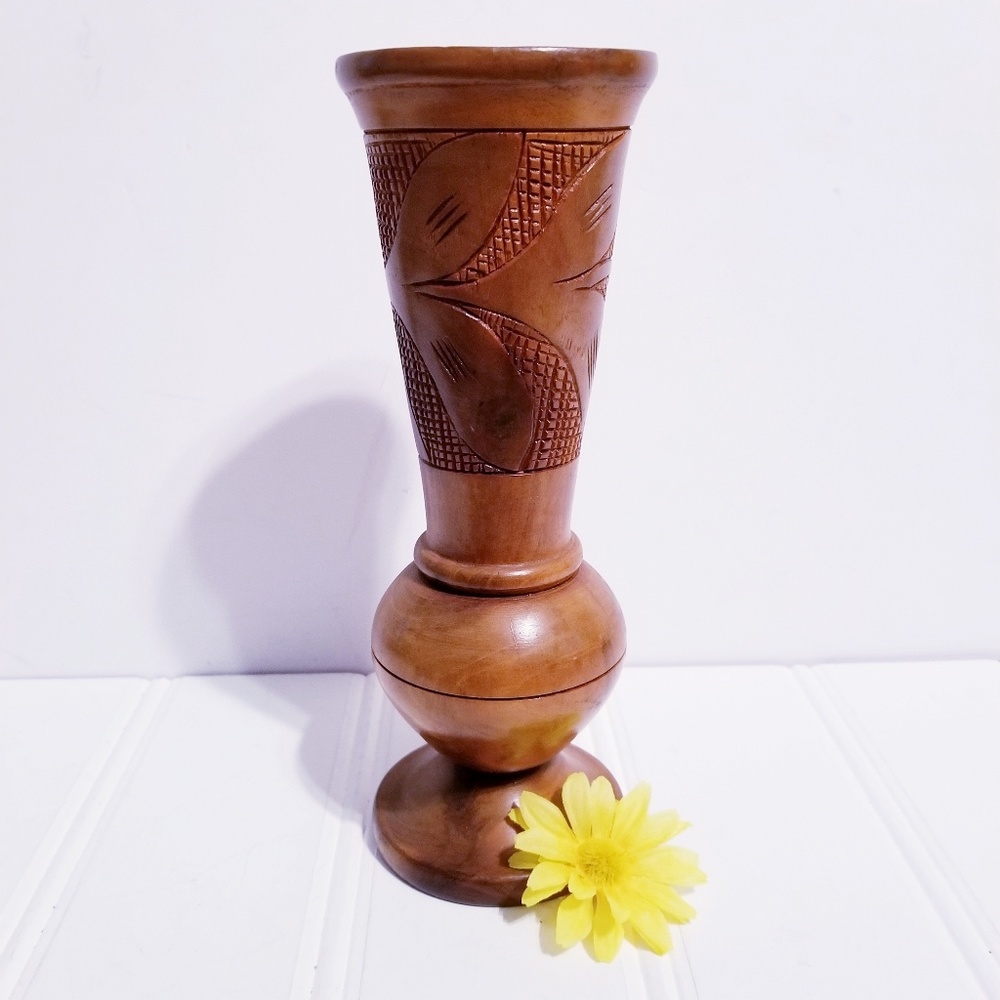 Wooden Hand Carved Etched Vase Brown Floral Leaf Design Rustic Boho Home Decor